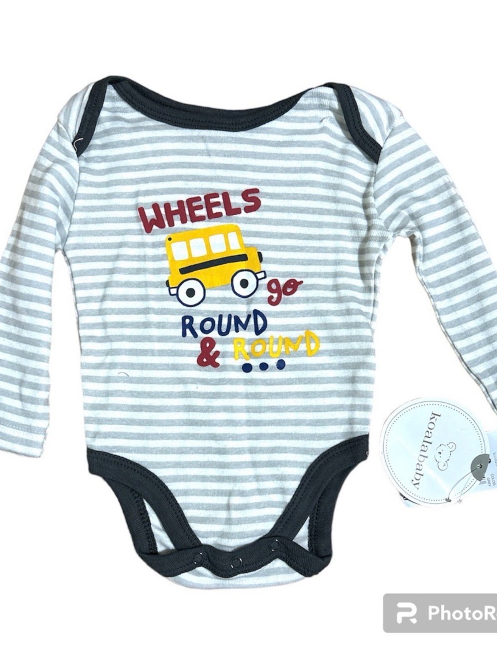 Koala Baby Infant Gray Striped Bodysuit Bus Graphic Long Sleeve Snap 3-6M